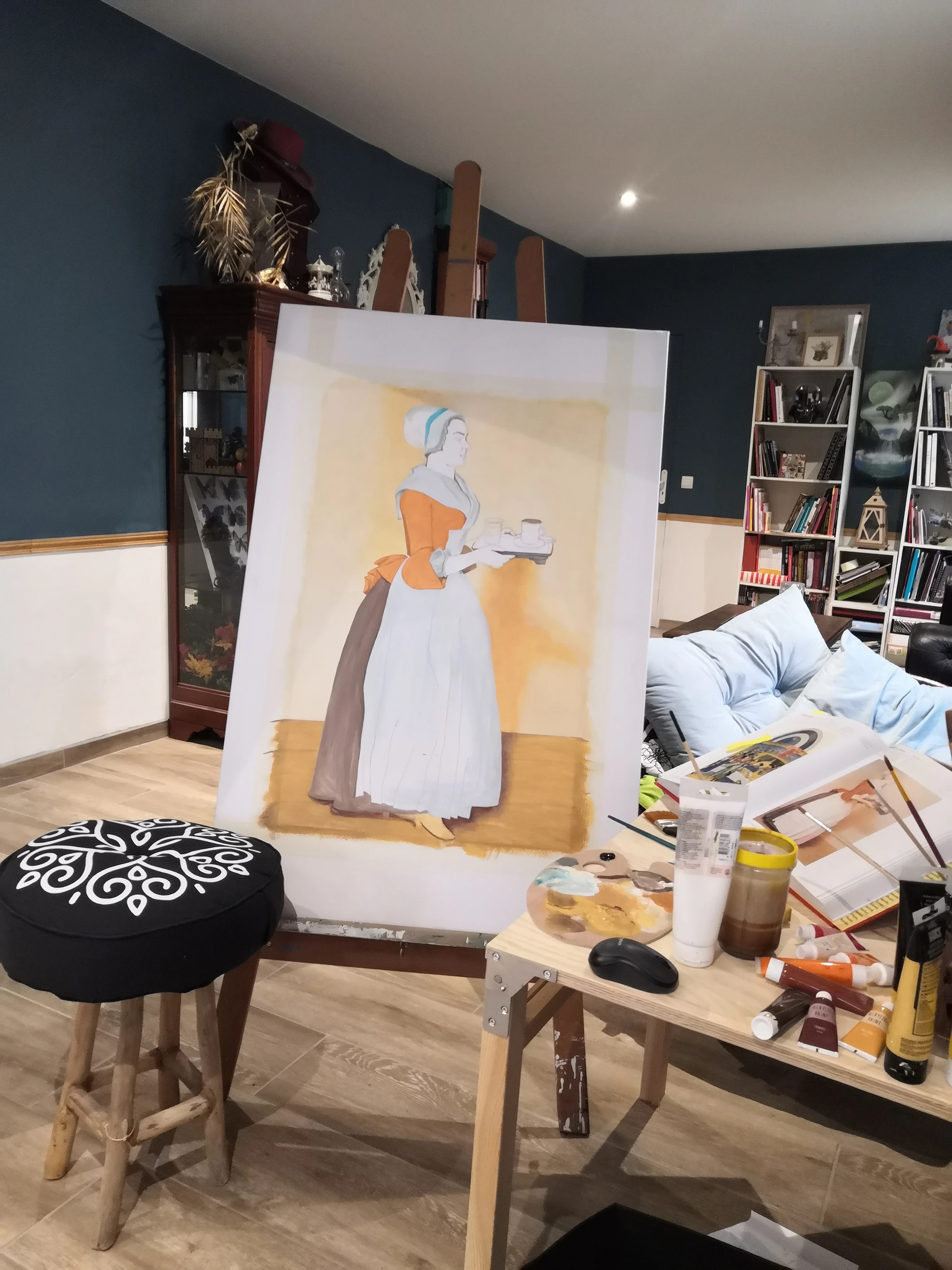 La Chocolatière — peinture en cours à l'atelier · 01
