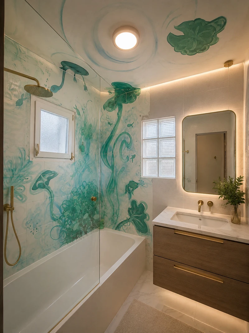 Fresque salle de bain — nénuphars et vagues sur les murs · 01
